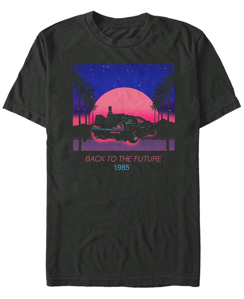 Fifth Sun Back to the Future Franchise Men's Neon Delorean 1985 Sunset Poster Short Sleeve T-Shirt