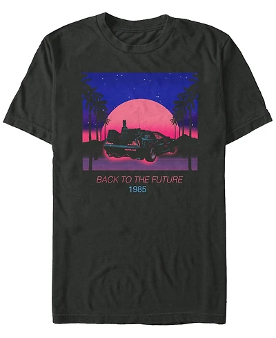 Fifth Sun Back to the Future Franchise Men's Neon Delorean 1985 Sunset Poster Short Sleeve T-Shirt