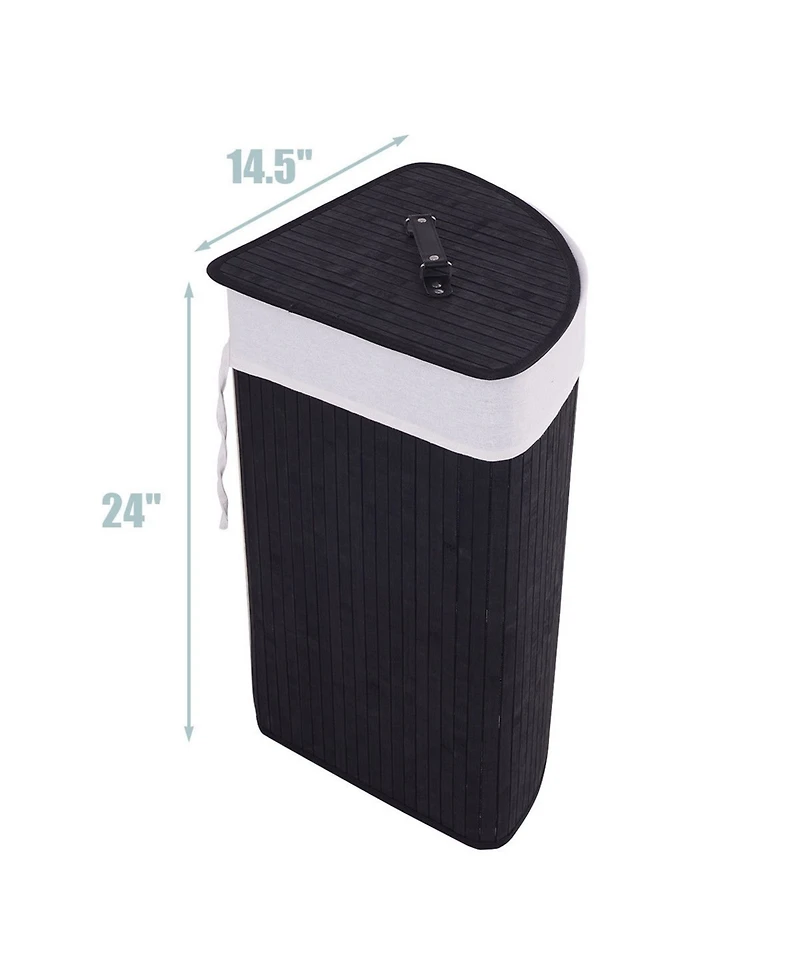 Corner Bamboo Hamper Laundry Basket Washing Cloth Bin Storage Bag Lid