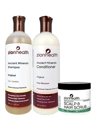 Zion Health Nourishing Summer Hair Bundle Pear Blossom Shampoo 16 oz + Pear Blossom Conditioner 16 oz + Pear Blossom Scalp Hair Scrub 4 oz