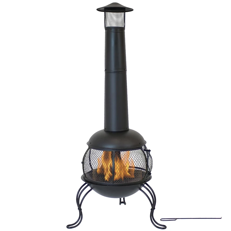 Outdoor Backyard Patio Steel Wood-Burning Fire Pit Chiminea with Rain Cap and Mesh Sides - 66" - Black