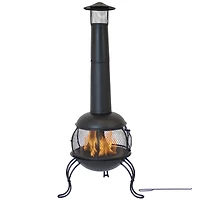 Outdoor Backyard Patio Steel Wood-Burning Fire Pit Chiminea with Rain Cap and Mesh Sides - 66" - Black
