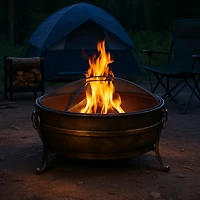 Outdoor Camping or Backyard Round Cauldron Fire Pit with Spark Screen, Log Poker, and Metal Wood Grate