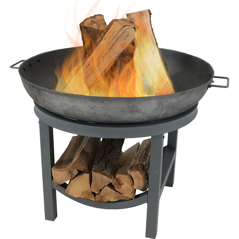 Outdoor Camping or Backyard Cast Iron Round Fire Pit with Built-In Log Rack - 30" - Dark Gray