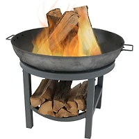 Outdoor Camping or Backyard Cast Iron Round Fire Pit with Built-In Log Rack - 30" - Dark Gray