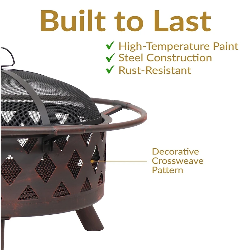 Outdoor Camping or Backyard Crossweave Cut Out Fire Pit with Spark Screen and Log Poker