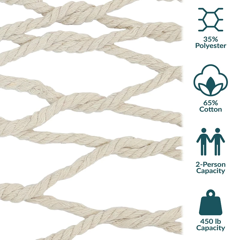 Large Two-Person Double Wide Rope Hammock with Spreader Bars for Patio and Backyard - 450 lb Weight Capacity