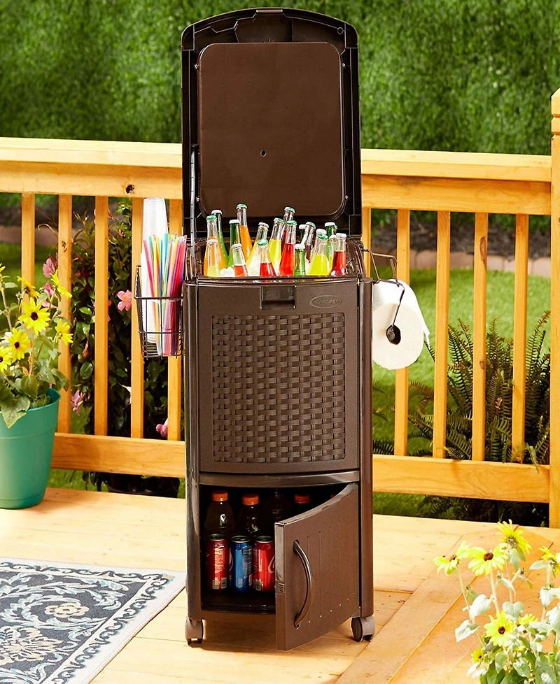 Suncast DCCW3000D 77 Quart Resin Wicker Patio Cooler with Cabinet & Wire Basket