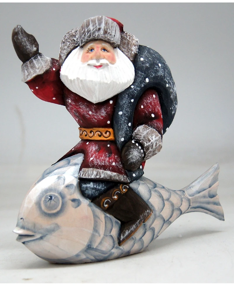 G.DeBrekht Woodcarved Hand Painted Silver Treasure Fish Santa Figurine