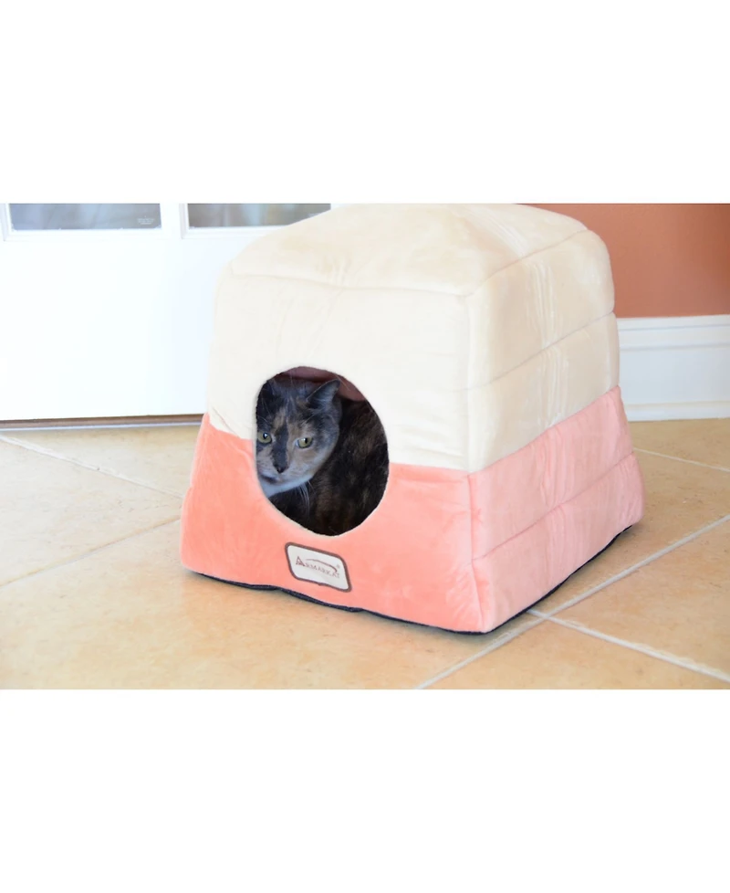 Armarkat 2-In-1 Cat Bed Cave Shape And Cuddle Pet Bed, Orange/Beige - Soft Velvet, Waterproof, Skid-Free Base