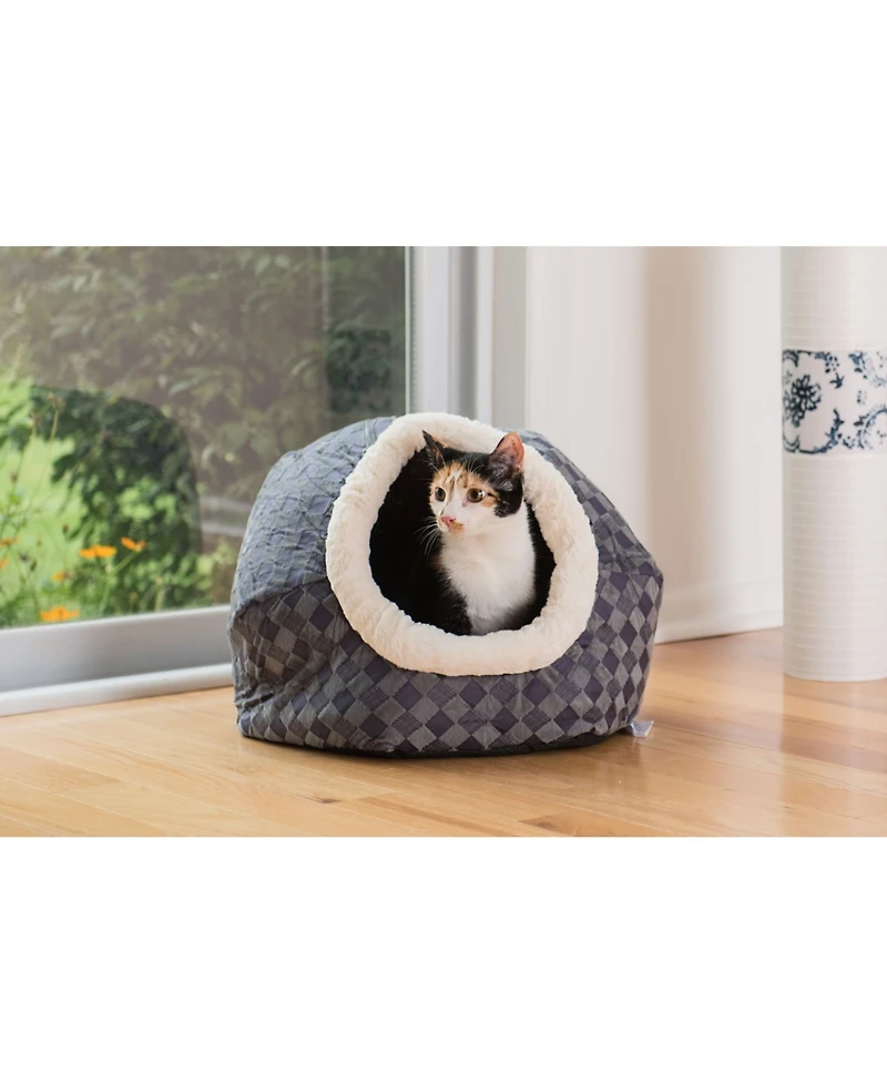 Armarkat Cuddle Cave Cat Bed C44 for Cats & Puppy Dogs, Blue Checkered - Soft Velvet, Waterproof & Skid-free Base