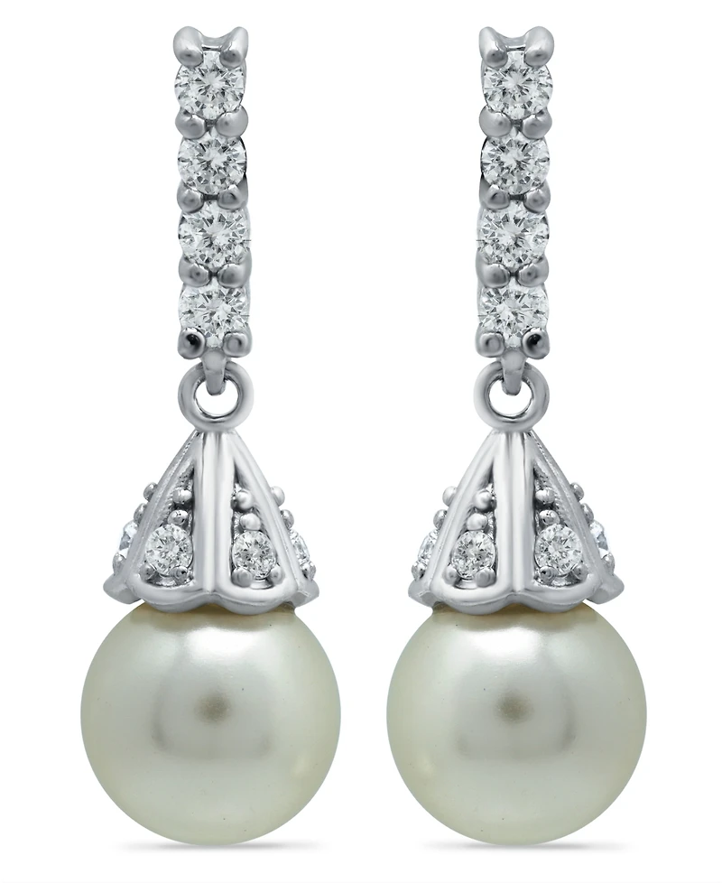 Imitation Pearl Cubic Zirconia Vintage Pyramid Style Drop Earrings Crafted in Silver Plate