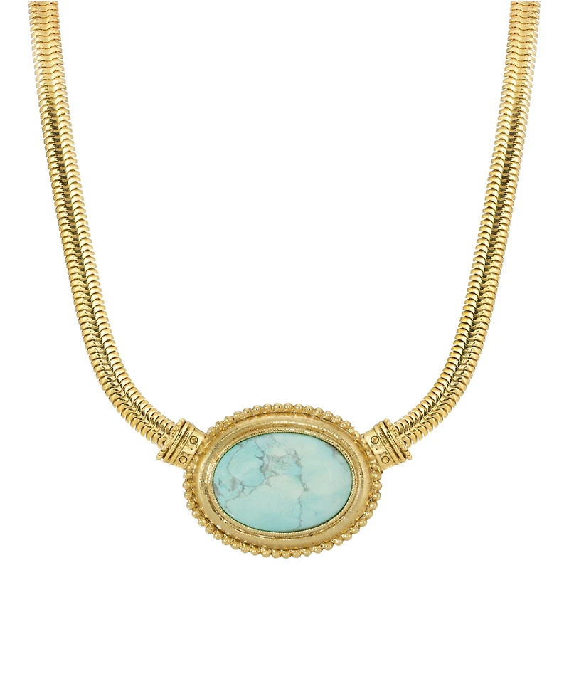 2028 Gold Tone Turquoise Semi Precious Oval Stone Necklace