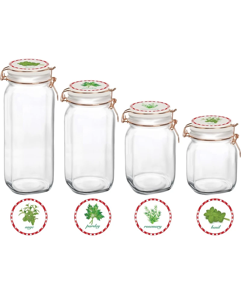 Circle Glass Canister with Herb Decal Ceramic Lid, Set of 4