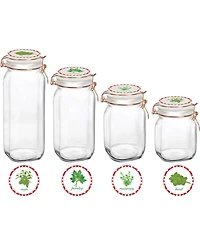 Circle Glass Canister with Herb Decal Ceramic Lid, Set of 4