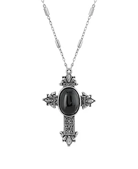 Symbols of Faith Pewter Cross Pendant Onyx Oval 28" Necklace