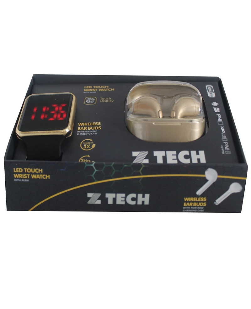 Ztech Unisex Led Touch Watch and Wireless Headphones with Portable Charging Case Set