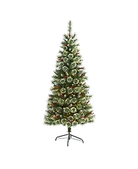 Nearly Natural Frosted Swiss Pine Artificial Christmas Tree with 300 Clear Led Lights and Berries