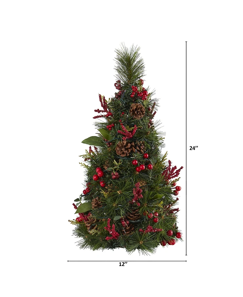 Nearly Natural Mixed Berry and Pine Cone Artificial Christmas Tree with 35 Clear Led Lights