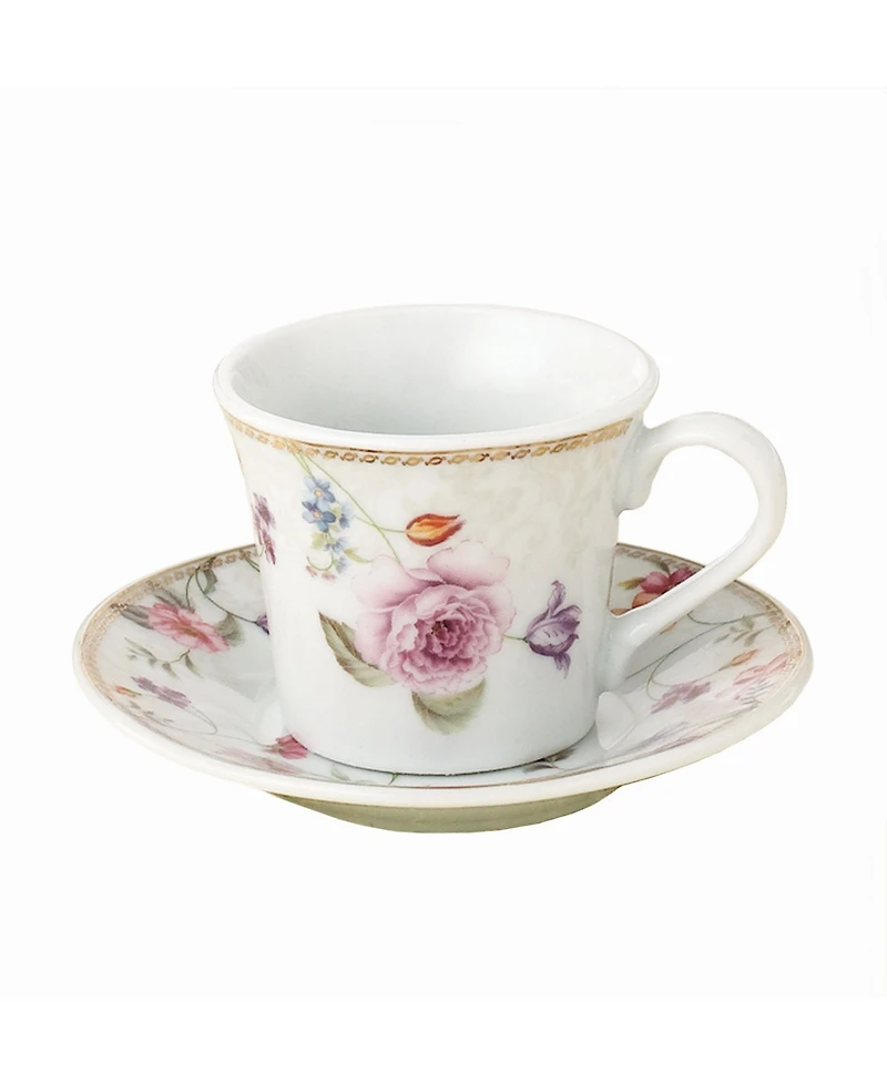 Lorren Home Trends Floral Design 12 Piece 2oz Espresso Cup and Saucer Set, Service for 6