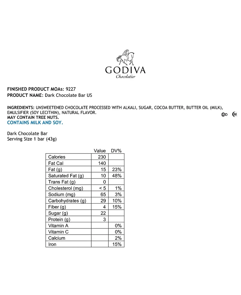 Godiva Dark Chocolate Bars, 24 Piece