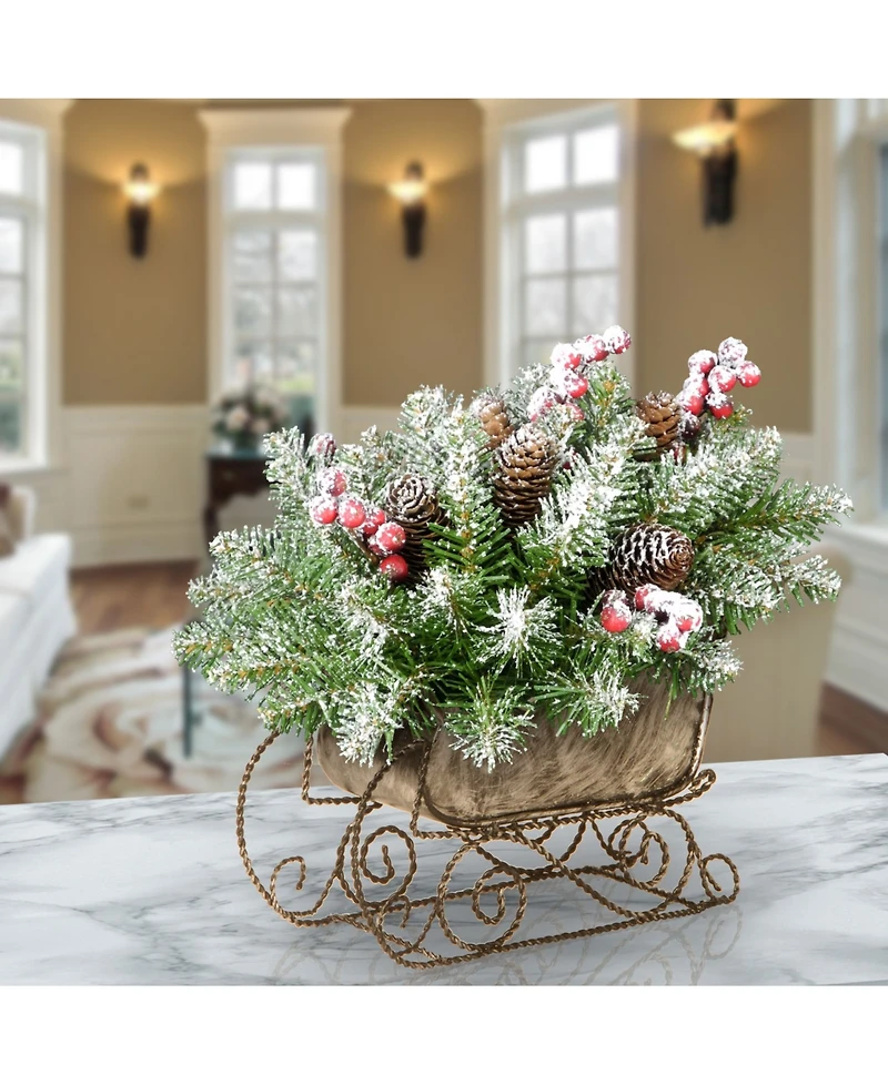 National Tree Company 10" Dunhill Fir Sleigh with Snow, Berries and Cones