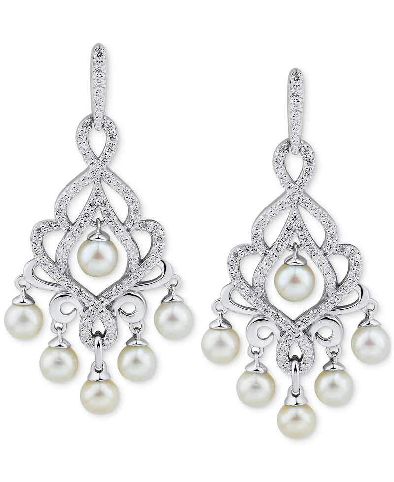 Arabella Cultured Freshwater Pearl (4-4-1/2mm) & Cubic Zirconia Chandelier Drop Earrings in Sterling Silver
