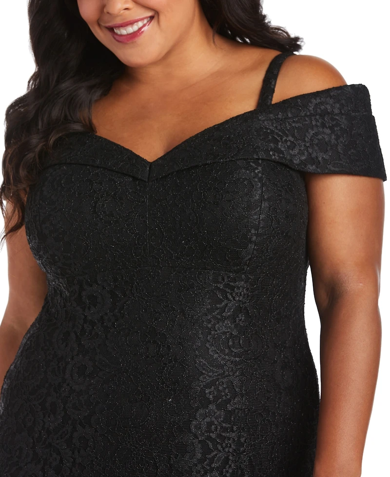 R & M Richards Plus Size Off-The-Shoulder Lace Gown