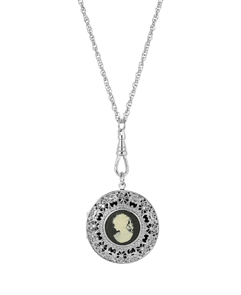 2028 Women's Silver Tone Black Cameo Round Filigree Locket Necklace