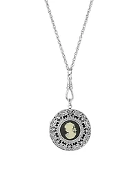 2028 Women's Silver Tone Black Cameo Round Filigree Locket Necklace