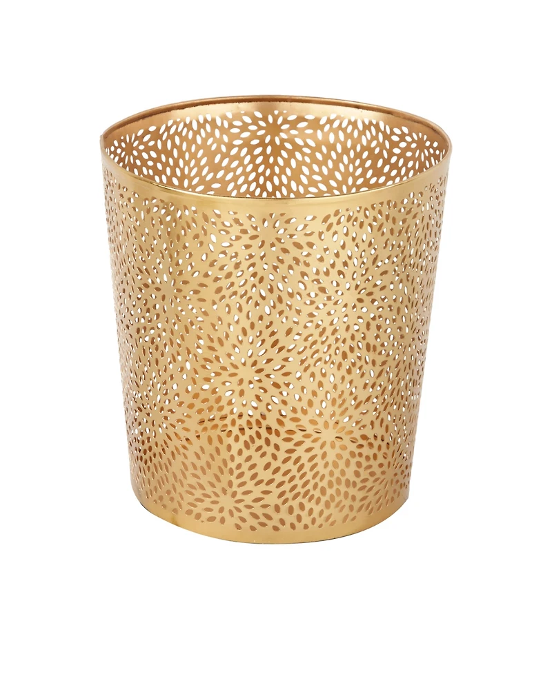 Small, Round, Glam Style Metallic Pierced Metal Waste Basket with Chrysanthemum Pattern