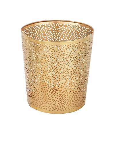 Small, Round, Glam Style Metallic Pierced Metal Waste Basket with Chrysanthemum Pattern