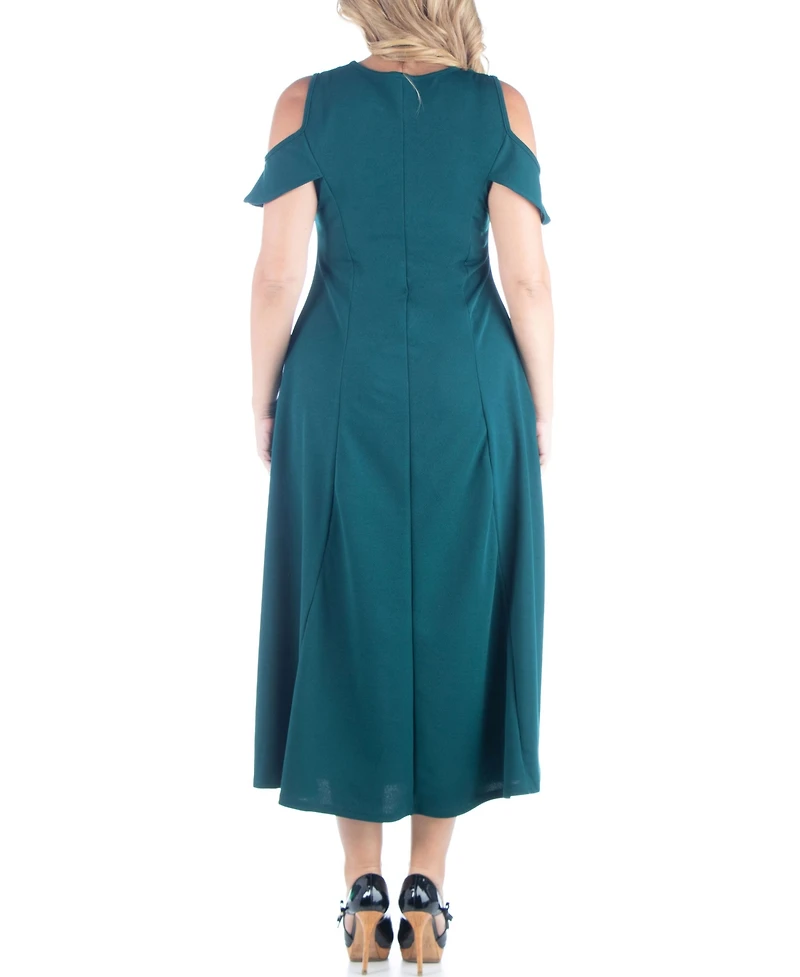 24seven Comfort Apparel Plus Ruffle Cold Shoulder A Line Maxi Dress