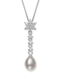 Cultured Freshwater Pearl 7-8mm and Cubic Zirconia Drop Pendant in Sterling Silver with 18" Chain