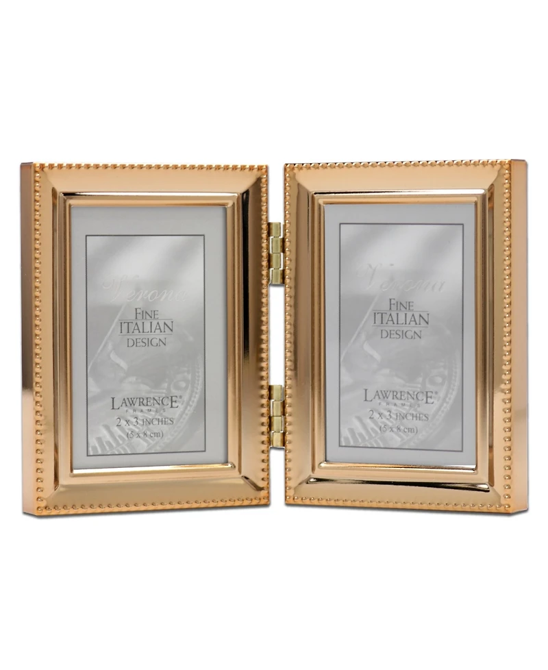 Polished Metal Hinged Double Picture Frame - Bead Border Design