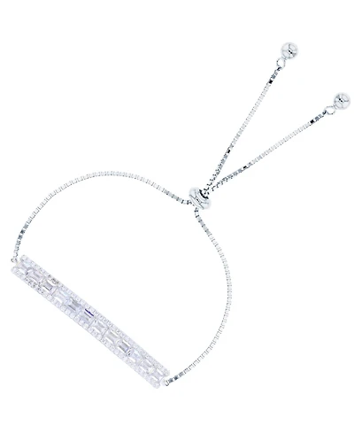 Cubic Zirconia Round and Baguette Bar Adjustable Bolo Bracelet Sterling Silver (Also 14k Gold Over Silver)