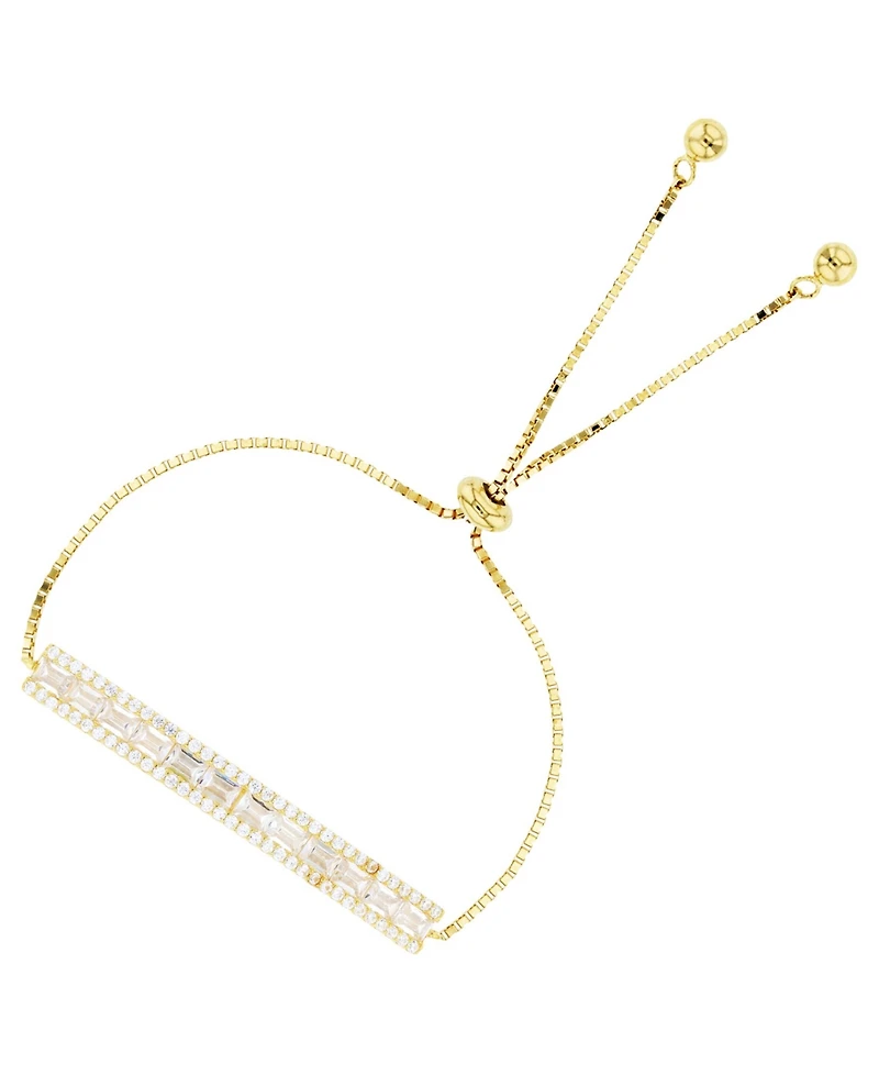 Cubic Zirconia Round and Baguette Bar Adjustable Bolo Bracelet in Sterling Silver (Also in 14k Gold Over Silver)