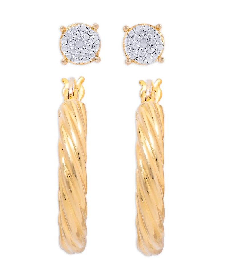 Diamond Accent Round Stud and Twist Hoop Earring Set in Gold Plate