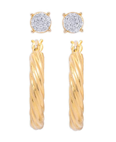 Diamond Accent Round Stud and Twist Hoop Earring Set in Gold Plate
