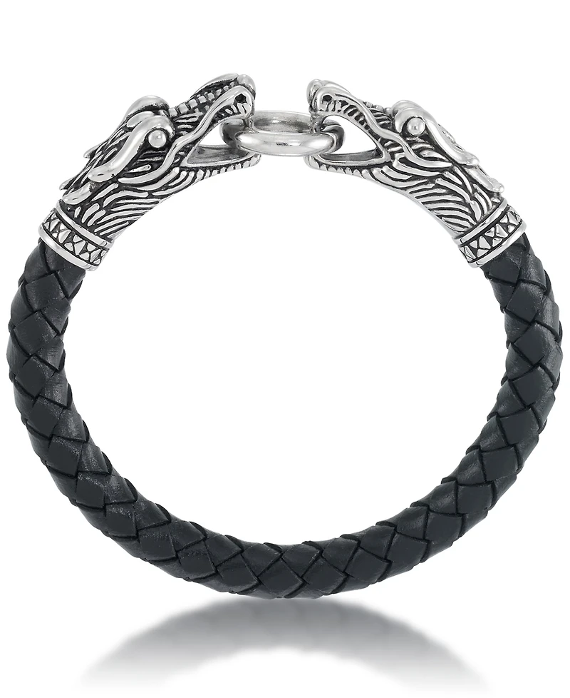 Andrew Charles by Andy Hilfiger Men's Dragon Head Leather Bracelet in Stainless Steel