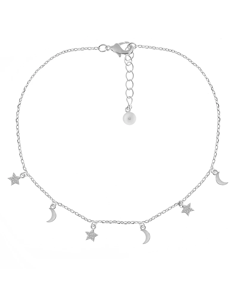 And Now This Clear Cubic Zirconia Moon & Star Anklet in Silver Plate
