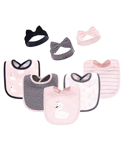 Hudson Baby Infant Girl Cotton Bib and Headband or Caps Set 8pk