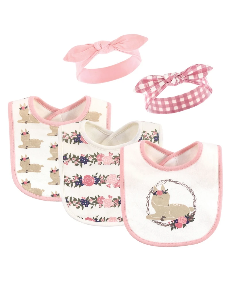 Hudson Baby Girls 5Pk Bibs and Headbands Set
