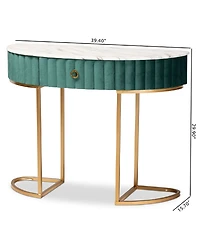 Beale Luxe and Glam Velvet Upholstered 1-Drawer Console Table with Faux Marble Tabletop
