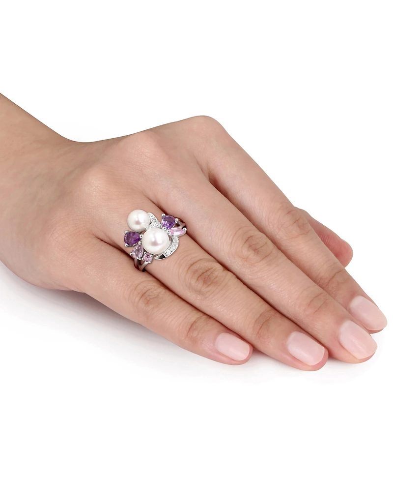 Cultured Freshwater Pearl (6-1/2 & 7-1/2mm) Multi-Gemstone (1-3/8 ct. t.w.) Cluster Ring Sterling Silver