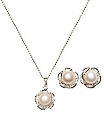 2-Pc. Set Cultured Freshwater Pearl (7mm) Flower Pendant Necklace & Matching Stud Earrings in 18k Gold-Plated Sterling Silver or Sterling Silver