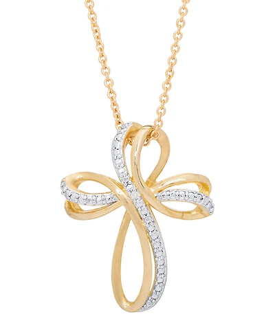 Two Tone Diamond Accent Ribbon Cross Pendant 18" Necklace