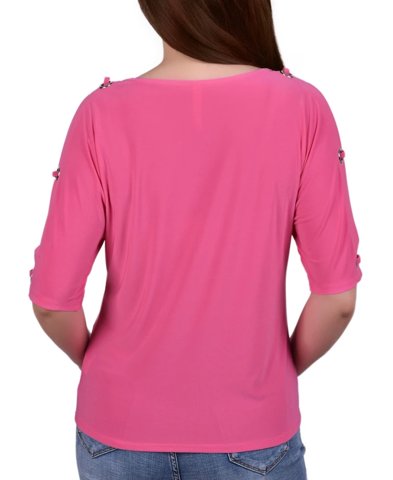 Ny Collection Petite Grommet-Trim Split-Sleeve Top