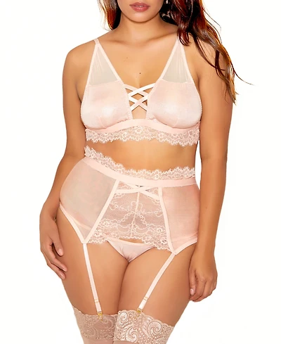 Clair Plus Elegant Floral Lace Bralette, Garter, and Panty 3pc Lingerie Set