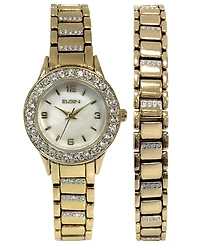 Elgin Women's Ion Plating Logo Etched On Crown Gold-Tone Strap Watch and Bracelet Set